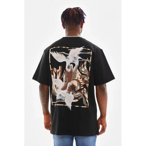 Biçomi Unisex Baskılı Oversize T-Shirt - Siyah