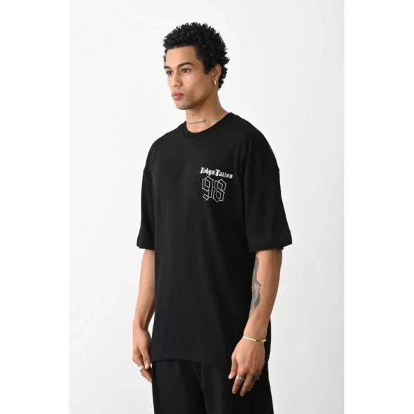 Biçomi Unisex Baskılı Oversize T-Shirt - Siyah