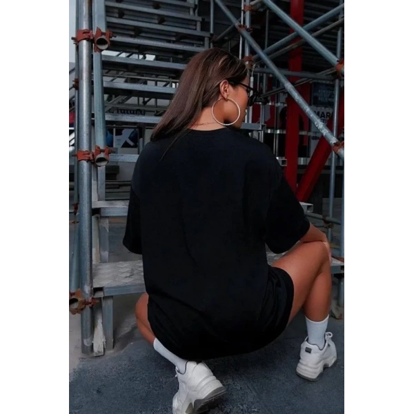 Biçomi Unisex Baskılı Oversize T-Shirt - Siyah