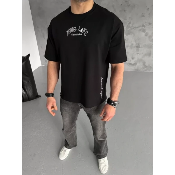 Biçomi Unisex Baskılı Oversize T-Shirt - Siyah