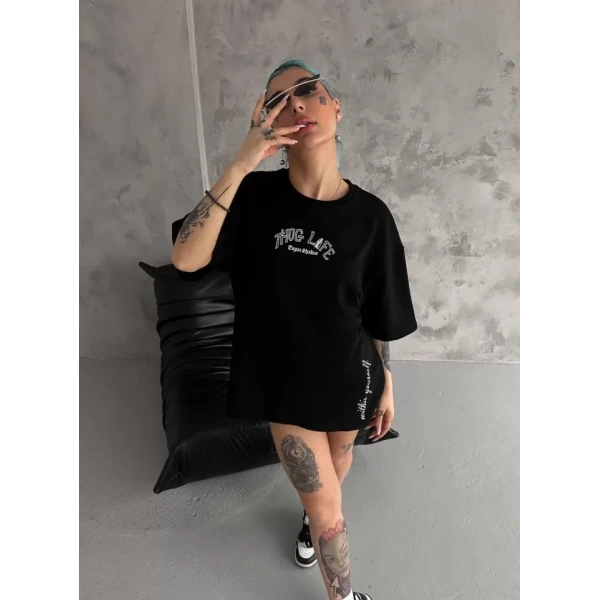 Biçomi Unisex Baskılı Oversize T-Shirt - Siyah
