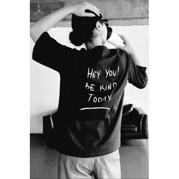 Biçomi Unisex Baskılı Oversize T-Shirt - Siyah
