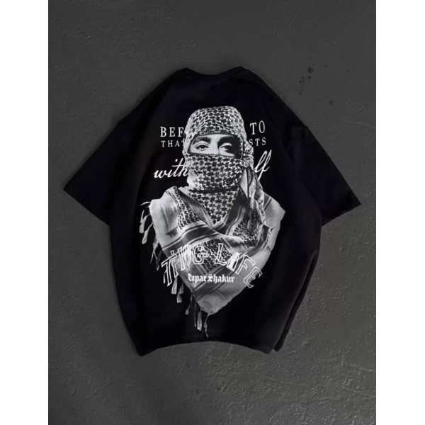 Biçomi Unisex Baskılı Oversize T-Shirt - Siyah