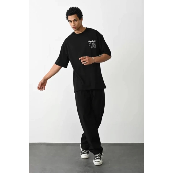 Biçomi Unisex Baskılı Oversize T-Shirt - Siyah