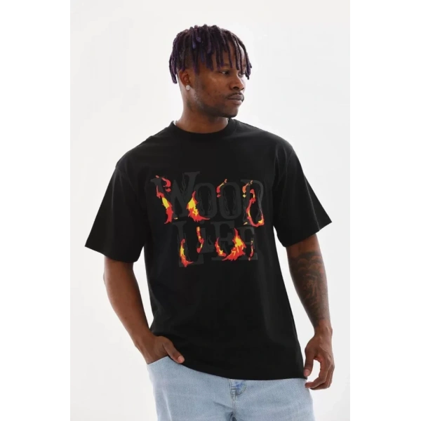 Biçomi Unisex Baskılı Oversize T-Shirt - Siyah