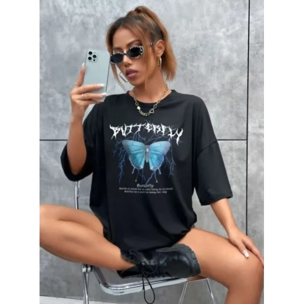 Biçomi Unisex Baskılı Oversize T-Shirt - Siyah
