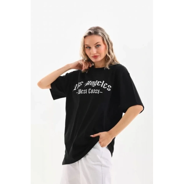 Biçomi Unisex Baskılı Oversize T-Shirt - Siyah