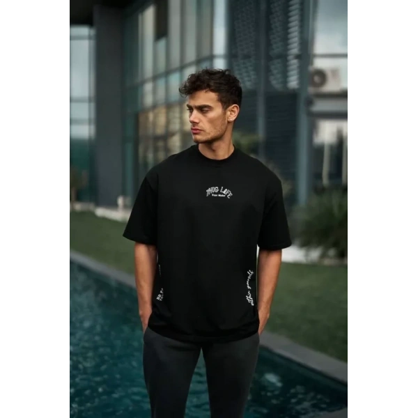 Biçomi Unisex Baskılı Oversize T-Shirt - Siyah