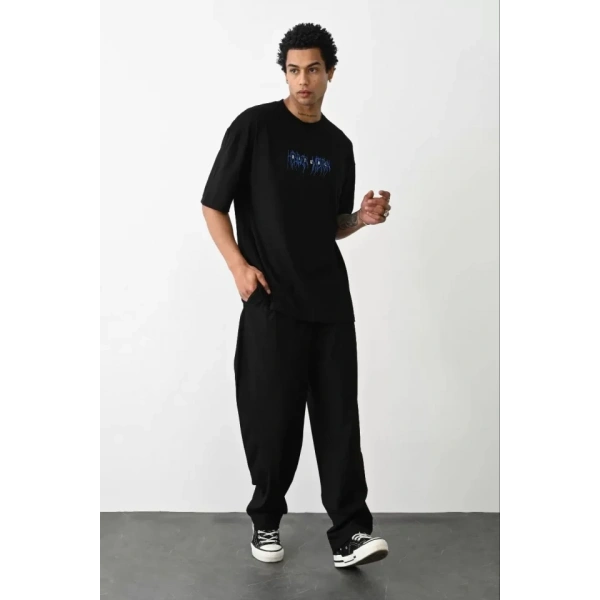 Biçomi Unisex Baskılı Oversize T-Shirt - Siyah