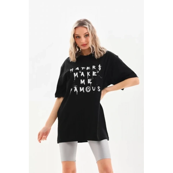 Biçomi Unisex Baskılı Oversize T-Shirt - Siyah