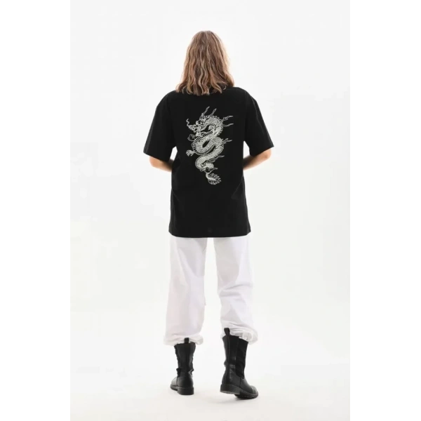 Biçomi Unisex Baskılı Oversize T-Shirt - Siyah
