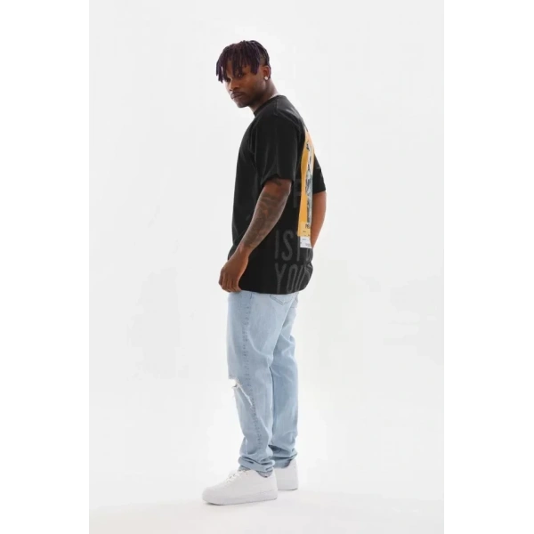 Biçomi Unisex Baskılı Oversize T-Shirt - Siyah