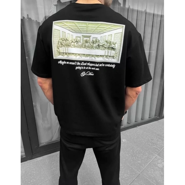 Biçomi Unisex Baskılı Oversize T-Shirt - Siyah