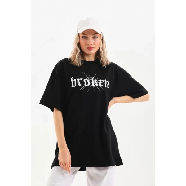 Biçomi Unisex Baskılı Oversize T-Shirt - Siyah