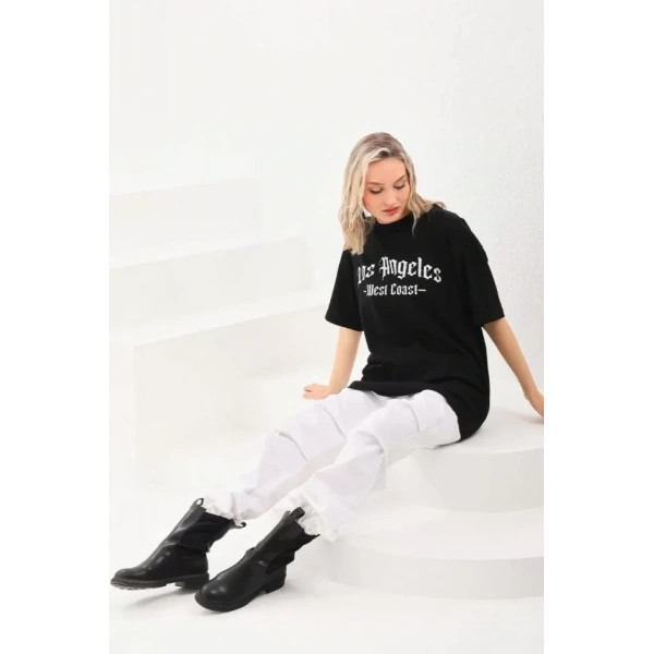 Biçomi Unisex Baskılı Oversize T-Shirt - Siyah