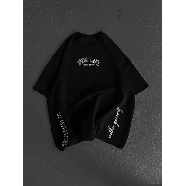 Biçomi Unisex Baskılı Oversize T-Shirt - Siyah