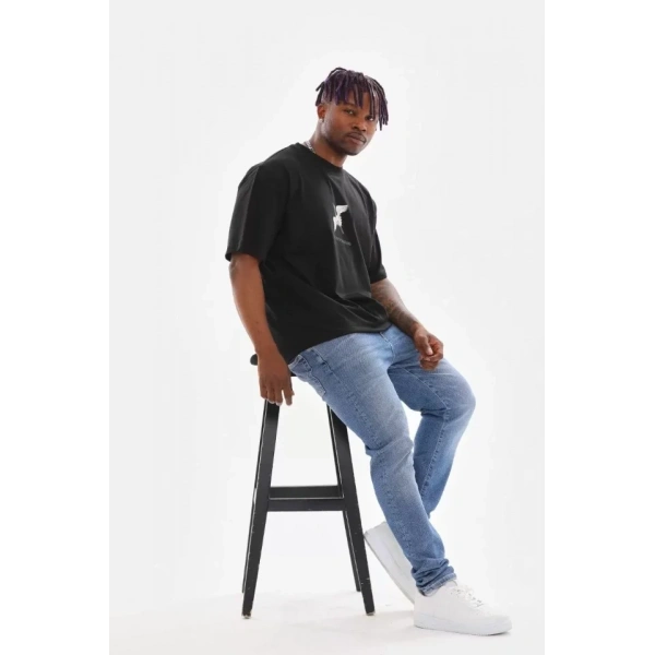 Biçomi Unisex Baskılı Oversize T-Shirt - Siyah