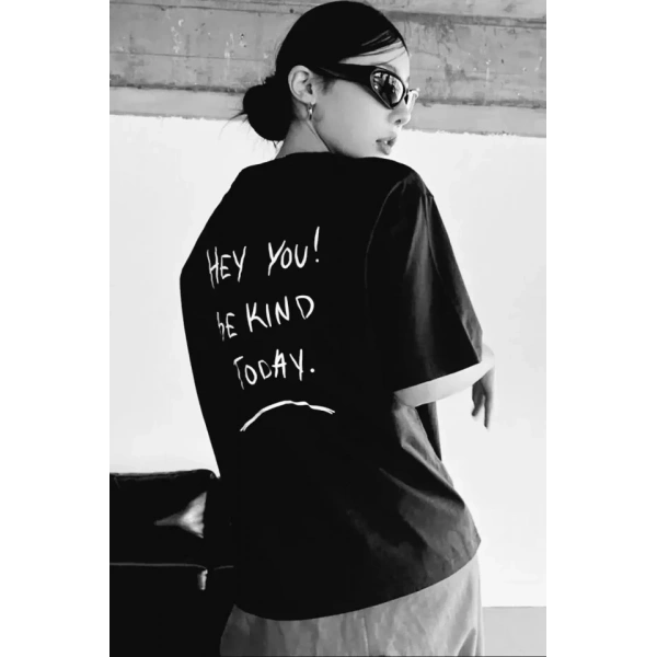 Biçomi Unisex Baskılı Oversize T-Shirt - Siyah