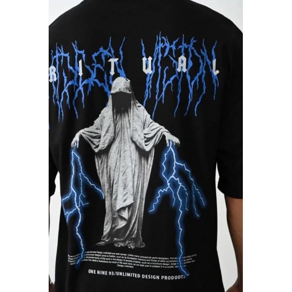 Biçomi Unisex Baskılı Oversize T-Shirt - Siyah