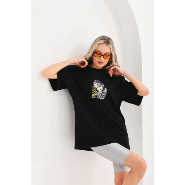 Biçomi Unisex Baskılı Oversize T-Shirt - Siyah