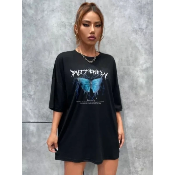 Biçomi Unisex Baskılı Oversize T-Shirt - Siyah