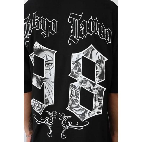 Biçomi Unisex Baskılı Oversize T-Shirt - Siyah