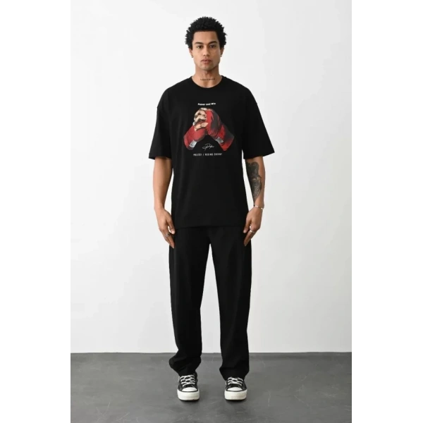 Biçomi Unisex Baskılı Oversize T-Shirt - Siyah