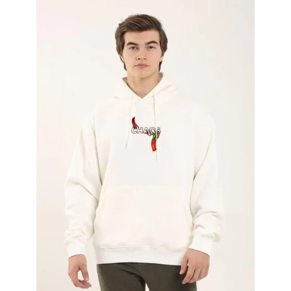 Biçomi Unisex Baskılı Oversize Üç İplik Kapüşonlu Sweatshirt - Beyaz
