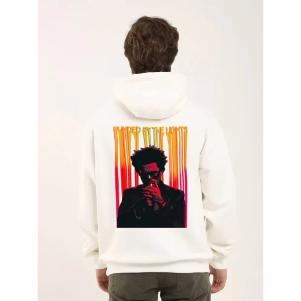 Biçomi Unisex Baskılı Oversize Üç İplik Kapüşonlu Sweatshirt - Beyaz