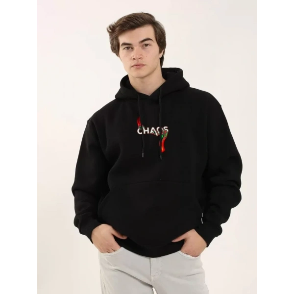 Biçomi Unisex Baskılı Oversize Üç İplik Kapüşonlu Sweatshirt - Siyah