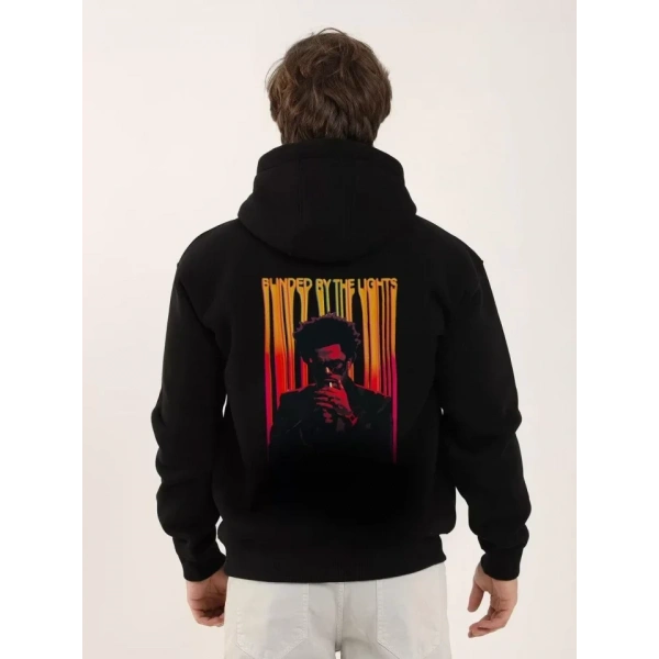 Biçomi Unisex Baskılı Oversize Üç İplik Kapüşonlu Sweatshirt - Siyah