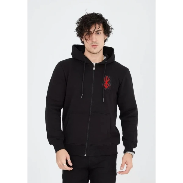 Biçomi Unisex Baskılı Tam Fermuarlı Kapşonlu SweatShirt - Siyah