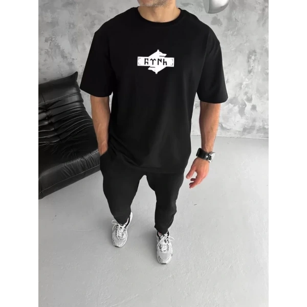 Biçomi Unisex Bisiklet Yaka Baskılı Double Oversize T-Shirt - Siyah