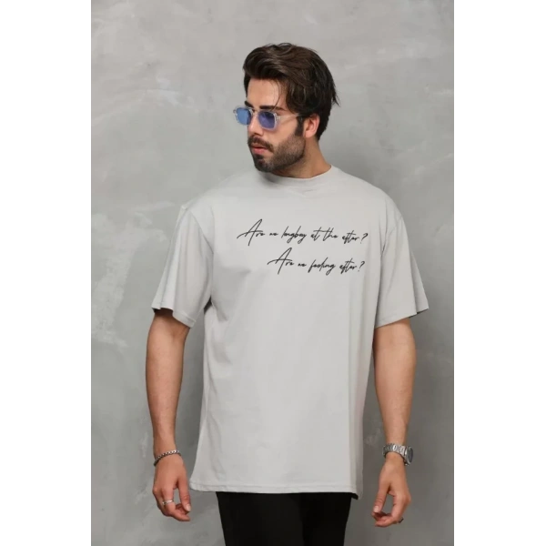Biçomi Unisex Bisiklet Yaka Baskılı Oversize T-Shirt - Gri