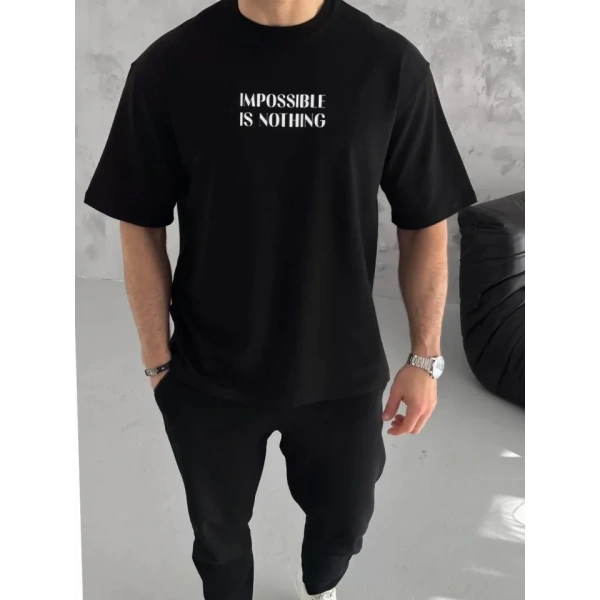 Biçomi Unisex Bisiklet Yaka Baskılı Oversize T-Shirt - Siyah