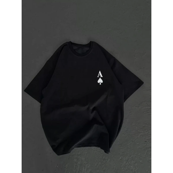 Biçomi Unisex Bisiklet Yaka Baskılı Oversize T-Shirt - Siyah