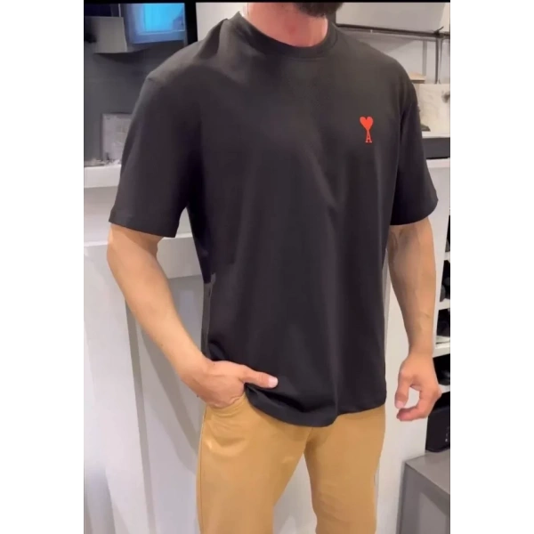 Biçomi Unisex Bisiklet Yaka Baskılı Oversize T-Shirt - Siyah