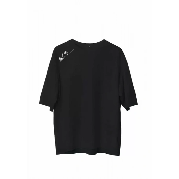 Biçomi Unisex Bisiklet Yaka Baskılı Oversize T-Shirt - Siyah