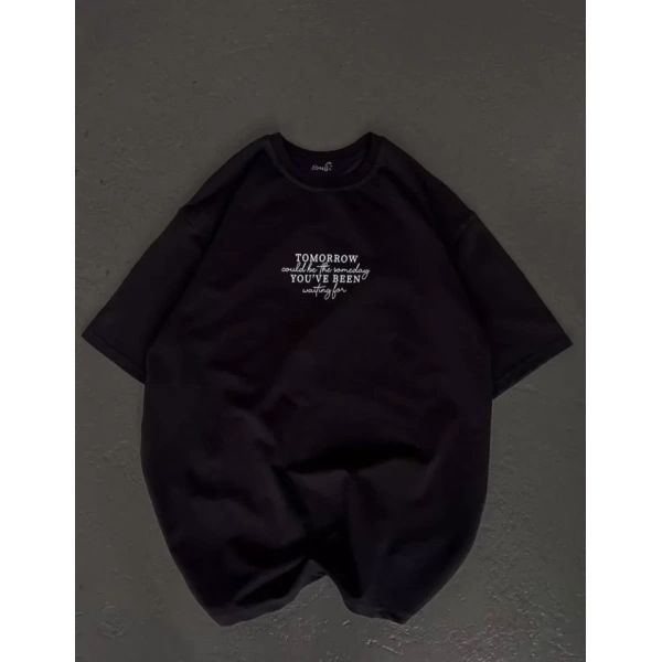 Biçomi Unisex Bisiklet Yaka Baskılı Oversize T-Shirt - Siyah