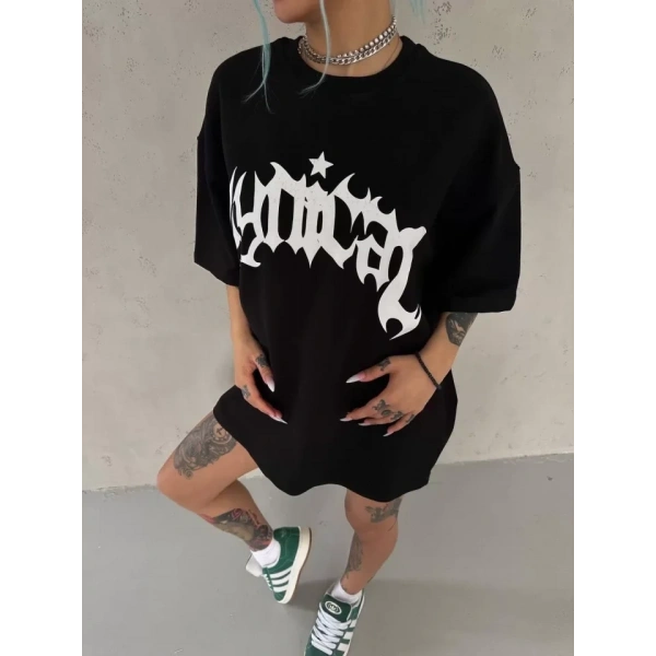 Biçomi Unisex Bisiklet Yaka Baskılı Oversize T-Shirt - Siyah