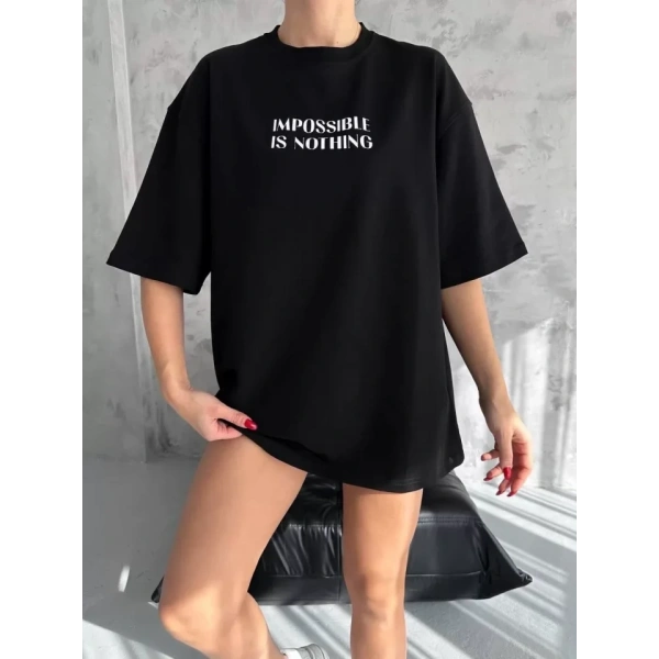 Biçomi Unisex Bisiklet Yaka Baskılı Oversize T-Shirt - Siyah