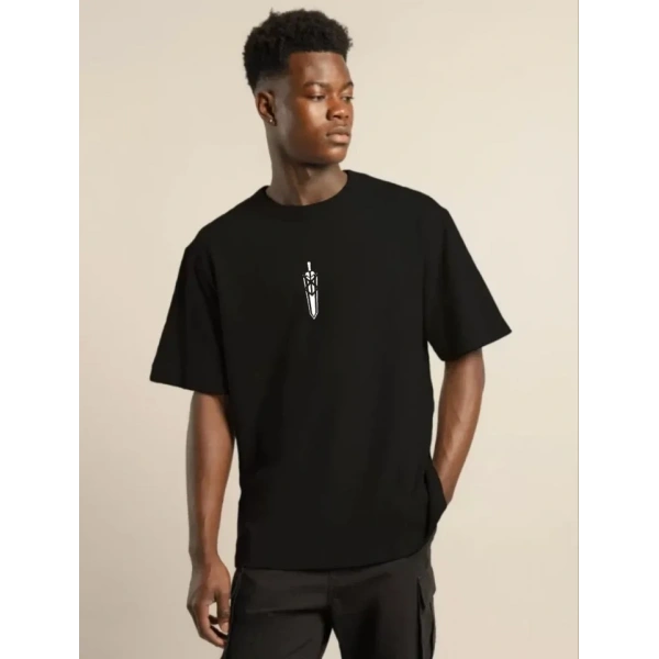 Biçomi Unisex Bisiklet Yaka Baskılı Oversize T-Shirt - Siyah