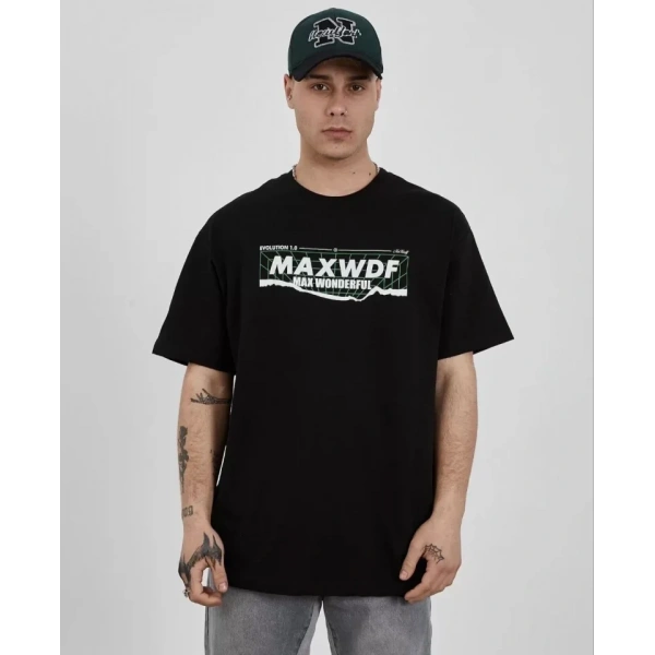 Biçomi Unisex Bisiklet Yaka Baskılı Oversize T-Shirt - Siyah