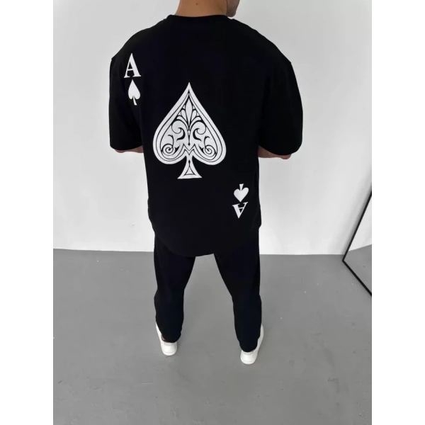 Biçomi Unisex Bisiklet Yaka Baskılı Oversize T-Shirt - Siyah