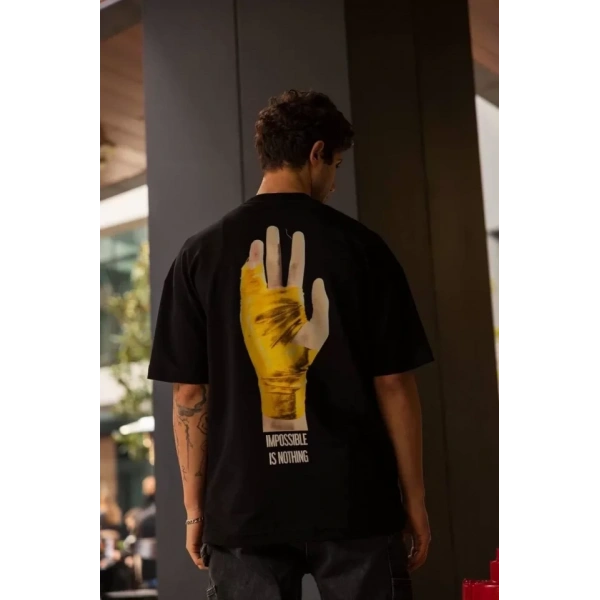 Biçomi Unisex Bisiklet Yaka Baskılı Oversize T-Shirt - Siyah