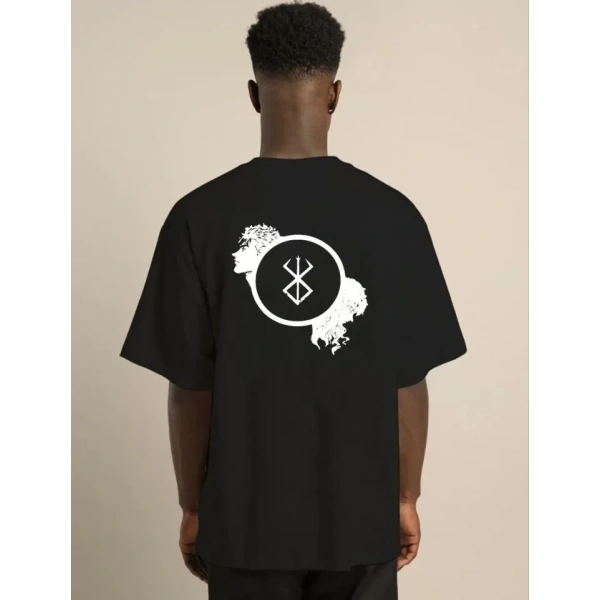 Biçomi Unisex Bisiklet Yaka Baskılı Oversize T-Shirt - Siyah