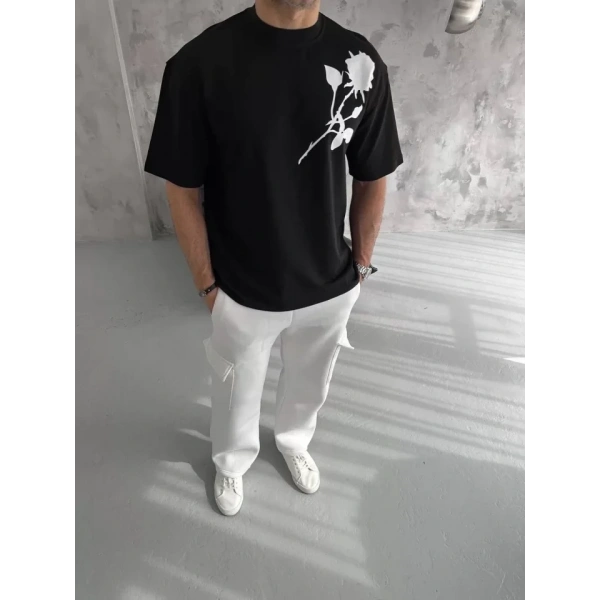 Biçomi Unisex Bisiklet Yaka Baskılı Oversize T-Shirt - Siyah