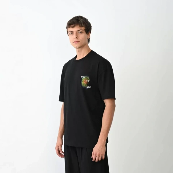Biçomi Unisex Bisiklet Yaka Baskılı Oversize T-Shirt - Siyah