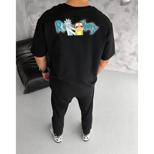 Biçomi Unisex Bisiklet Yaka Baskılı Oversize T-Shirt - Siyah