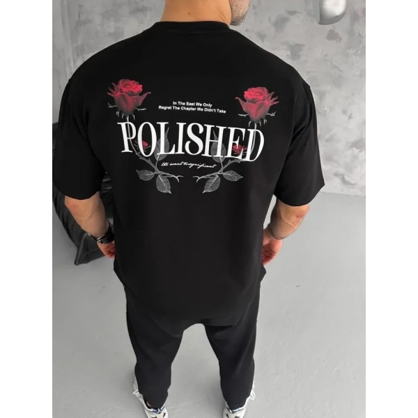 Biçomi Unisex Bisiklet Yaka Baskılı Oversize T-Shirt - Siyah